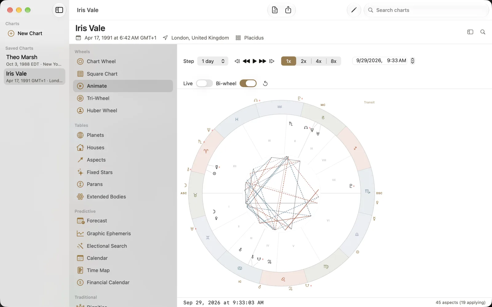 Animate controls with Step 1 day, Live off and Bi-wheel on above natal and Transit rings.
