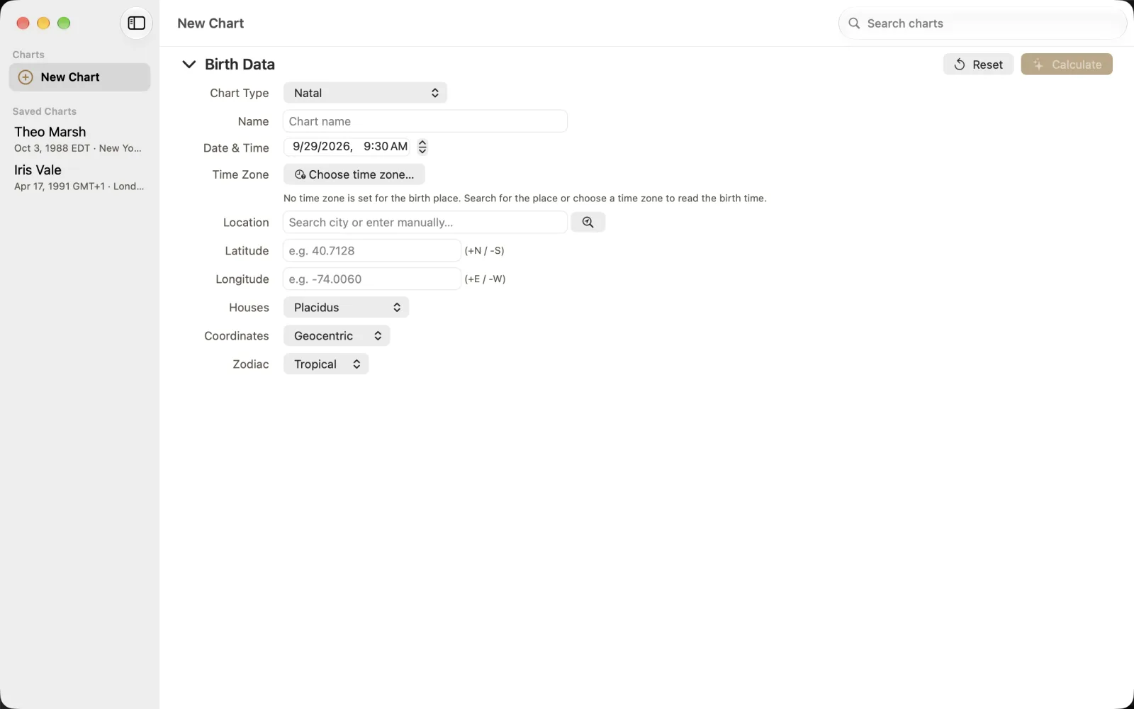 Empty Birth Data form with Natal selected and Calculate disabled.