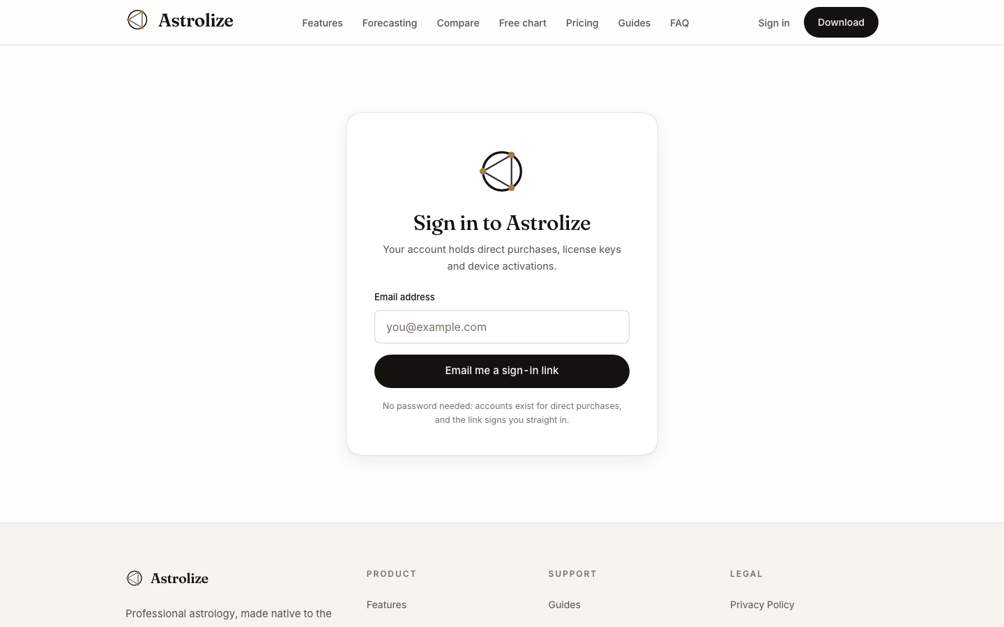 Sign-in form requesting the purchase email address.