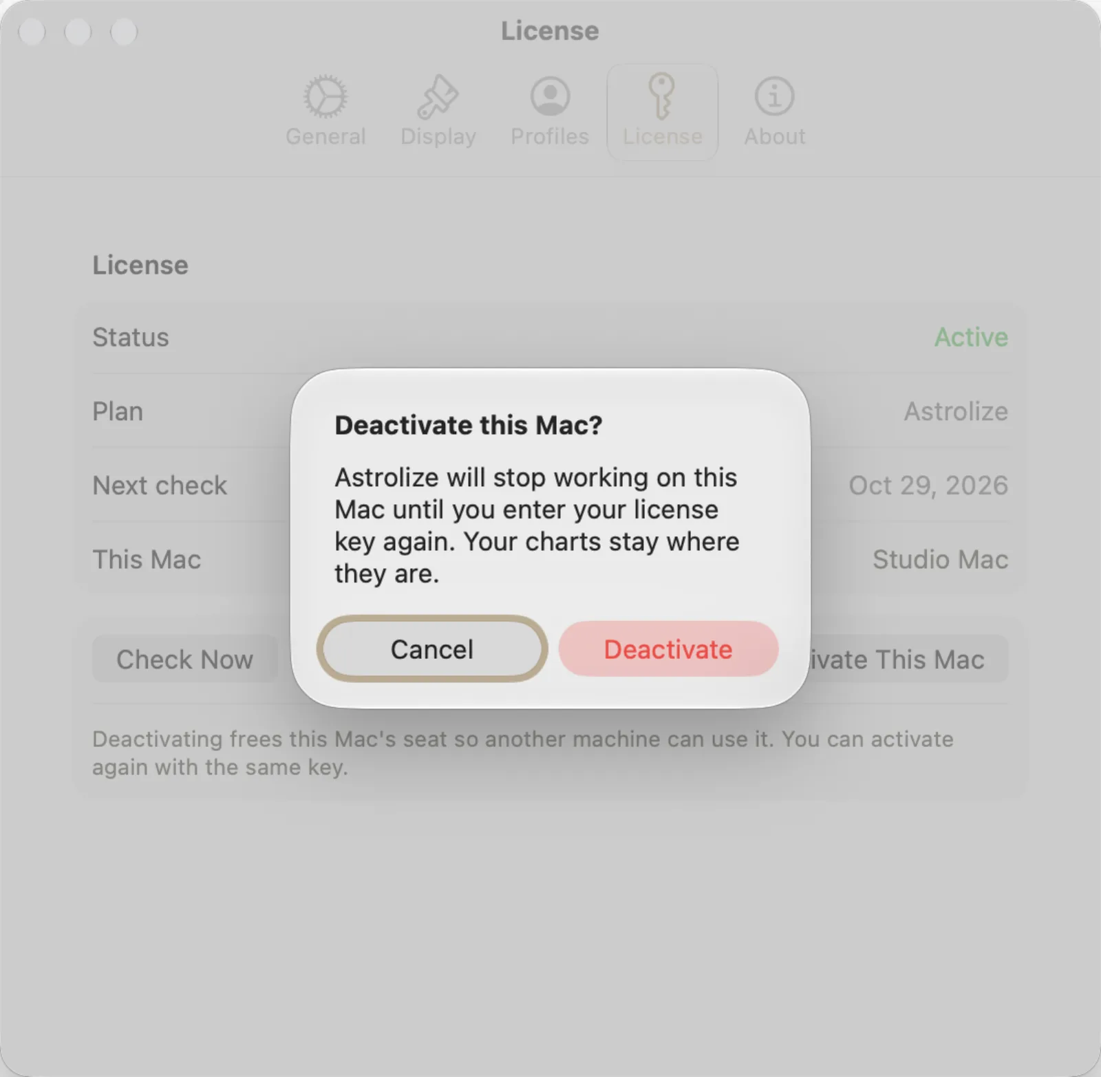 Deactivate this Mac confirmation with Cancel and Deactivate buttons.