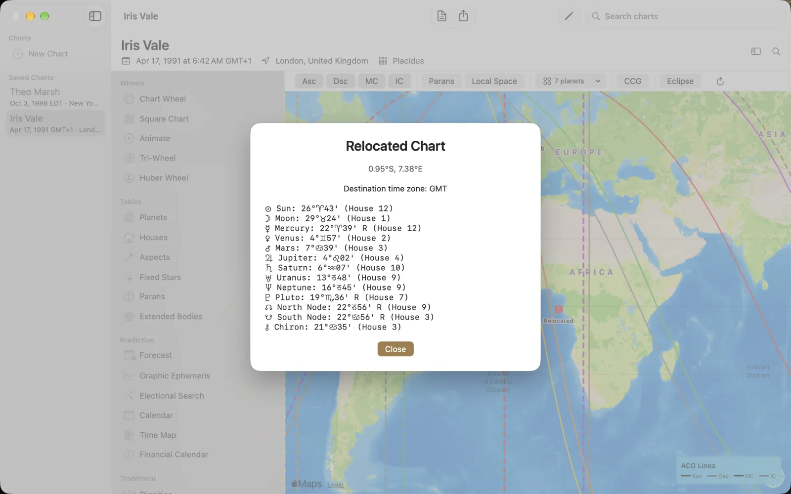 Relocated Chart sheet at 0.95 south, 7.38 east with destination time zone GMT.