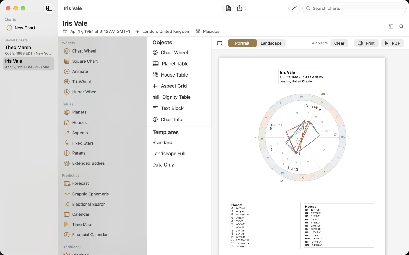 Portrait Page Designer preview with Chart Info, wheel, Planets and Houses tables.