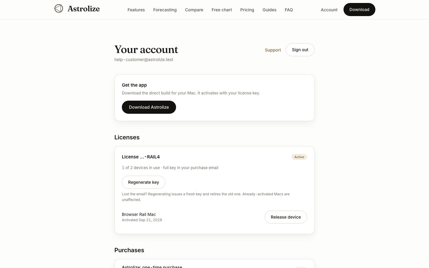 Account header with Support and Sign out actions.