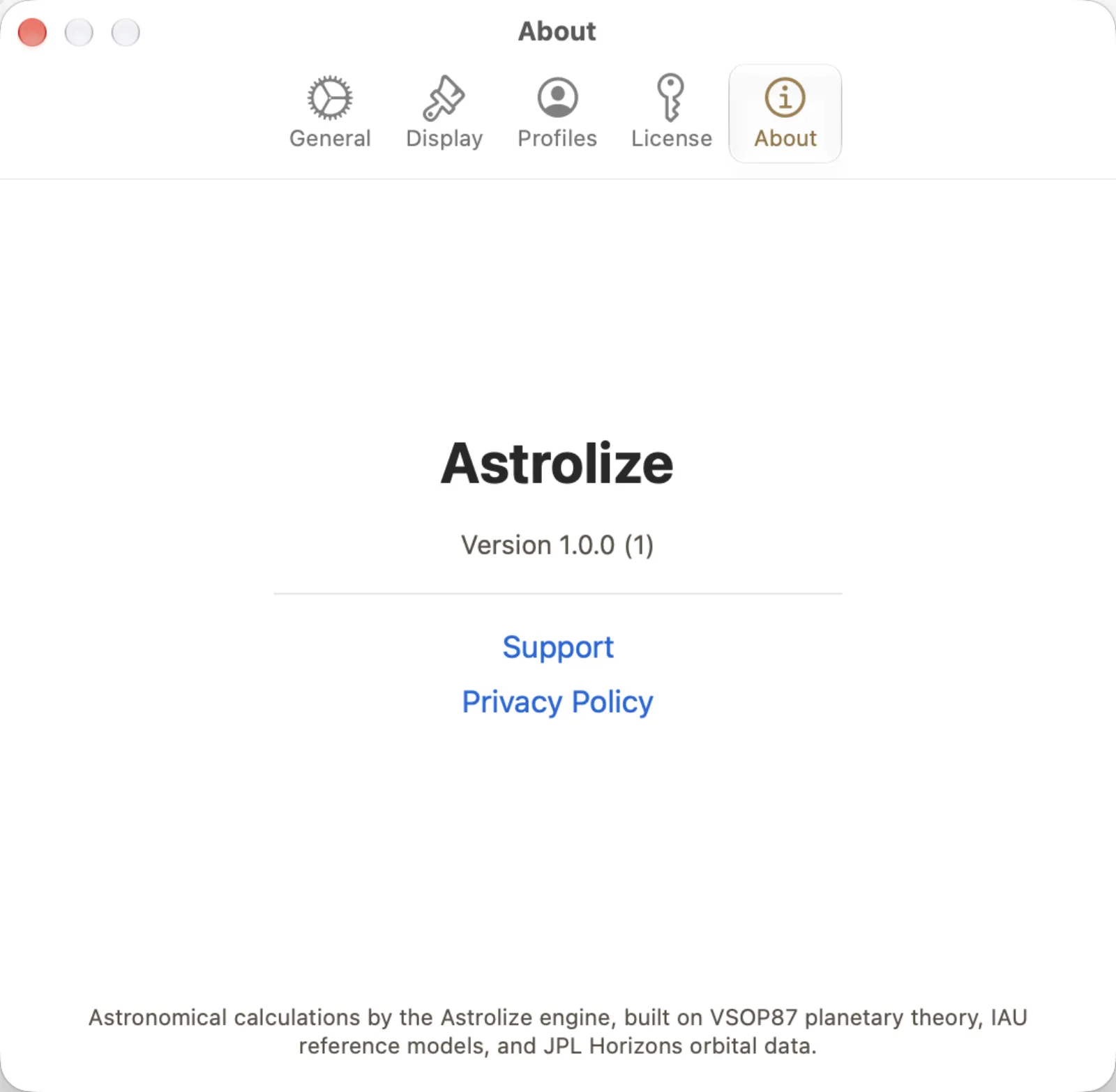 About tab showing Astrolize version 1.0.0 (1), Support and Privacy Policy.