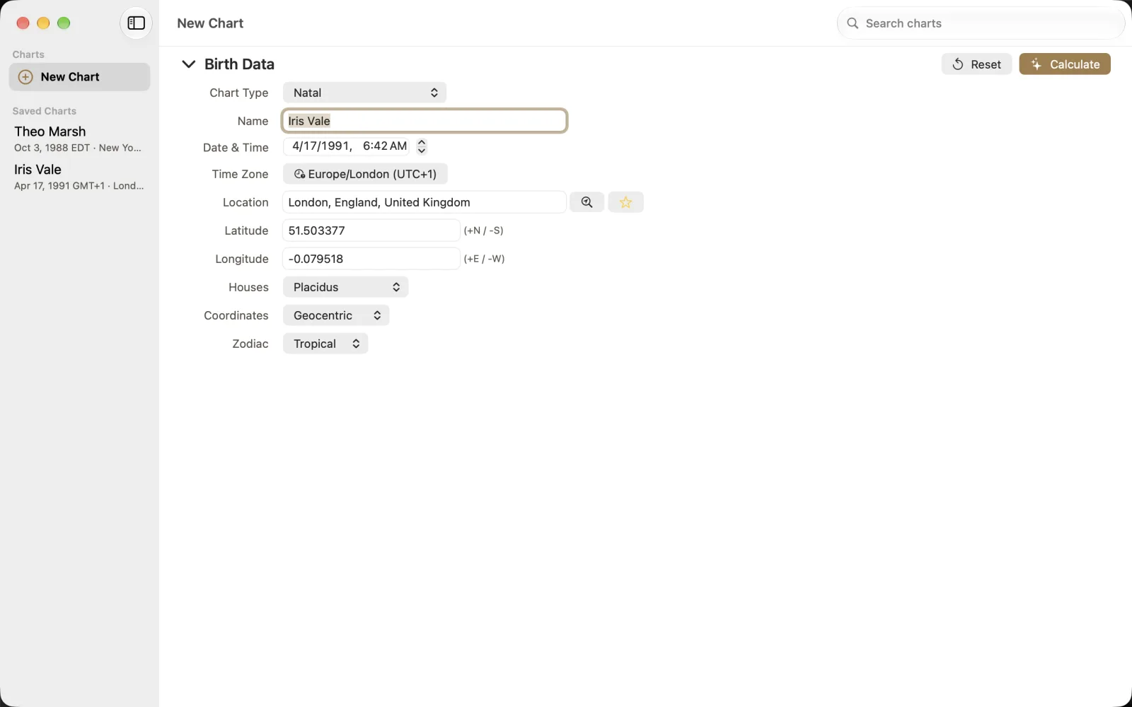 Completed Iris Vale form with Europe/London UTC+1 and Calculate enabled.