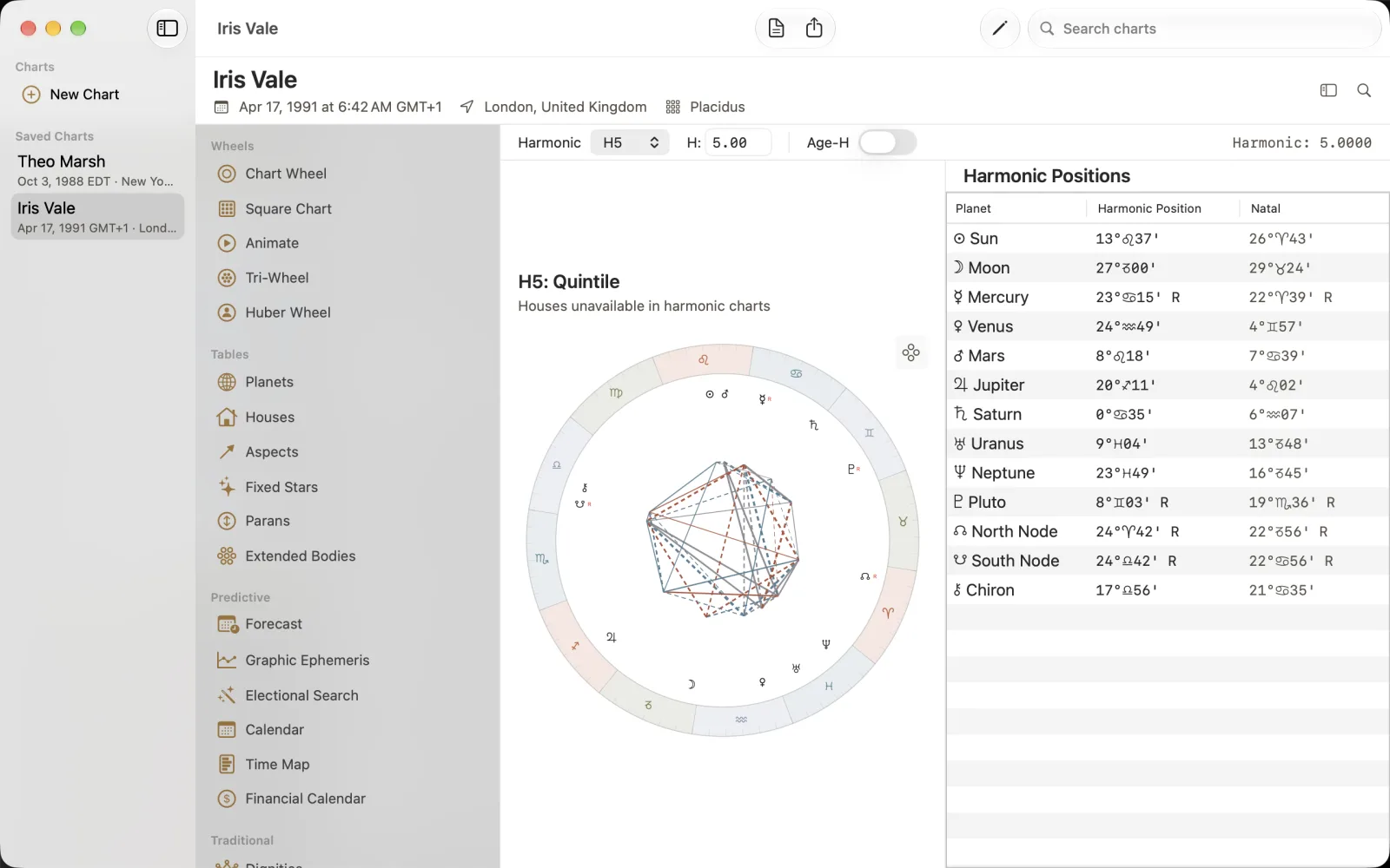 H5 Quintile wheel and Harmonic Positions table with houses unavailable.