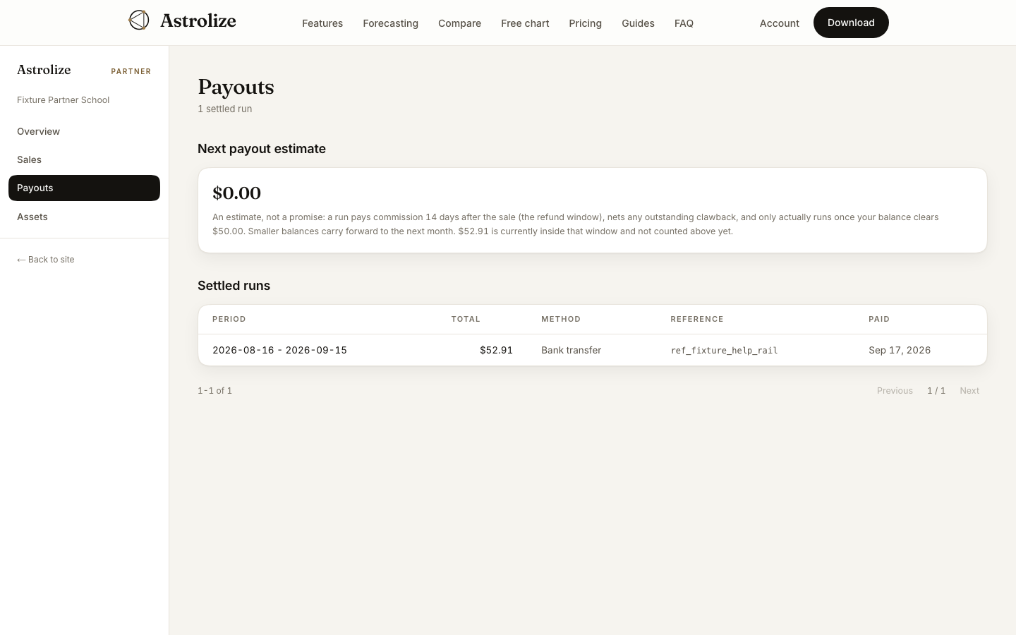 Partner payout estimate and settled transfer history.