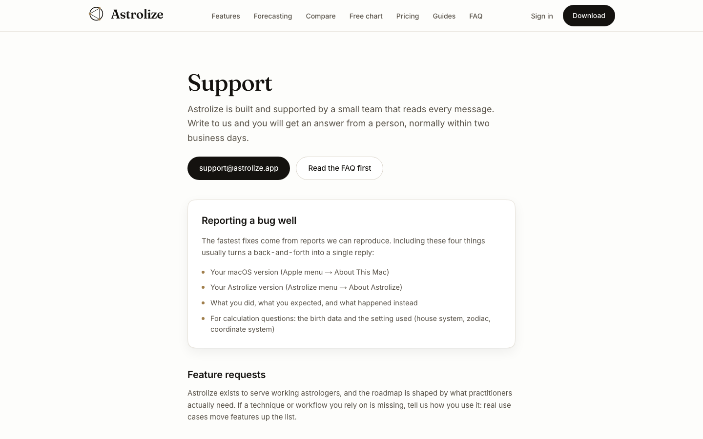 Public support email and contact guidance.