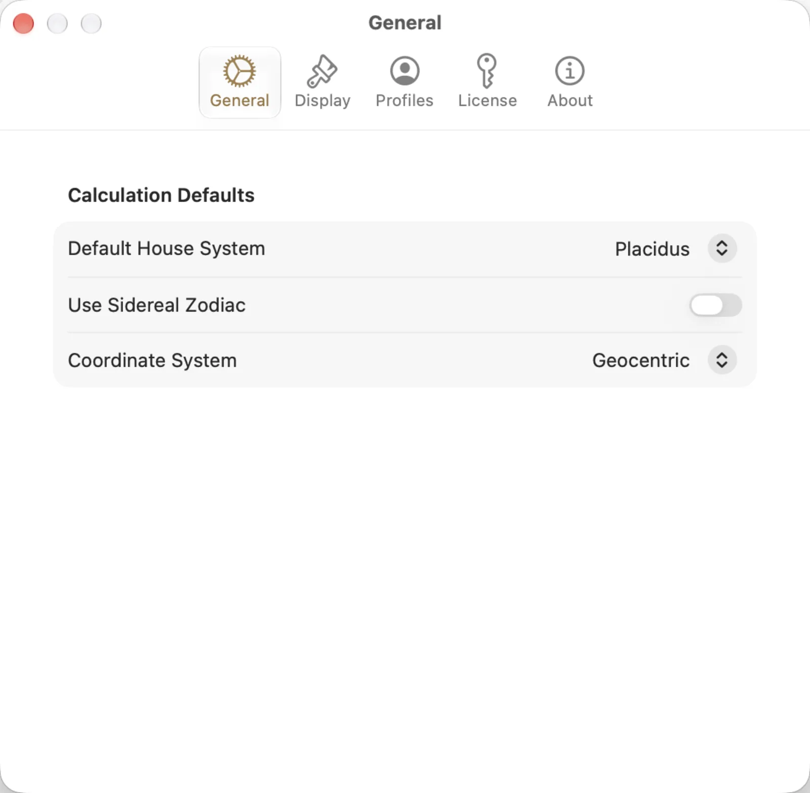 General settings with Placidus, sidereal zodiac off and Geocentric coordinates.
