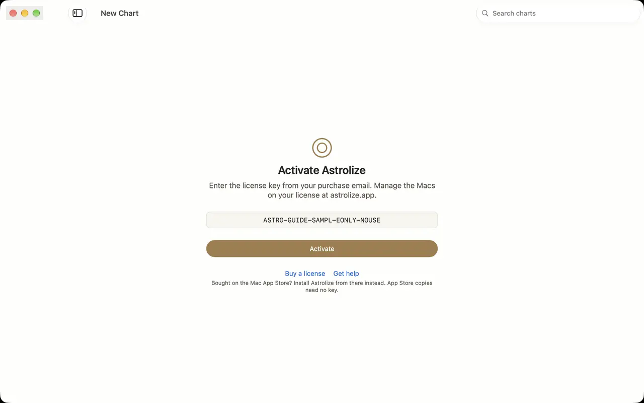 Animation of sample activation, a success seal and the New Chart screen.