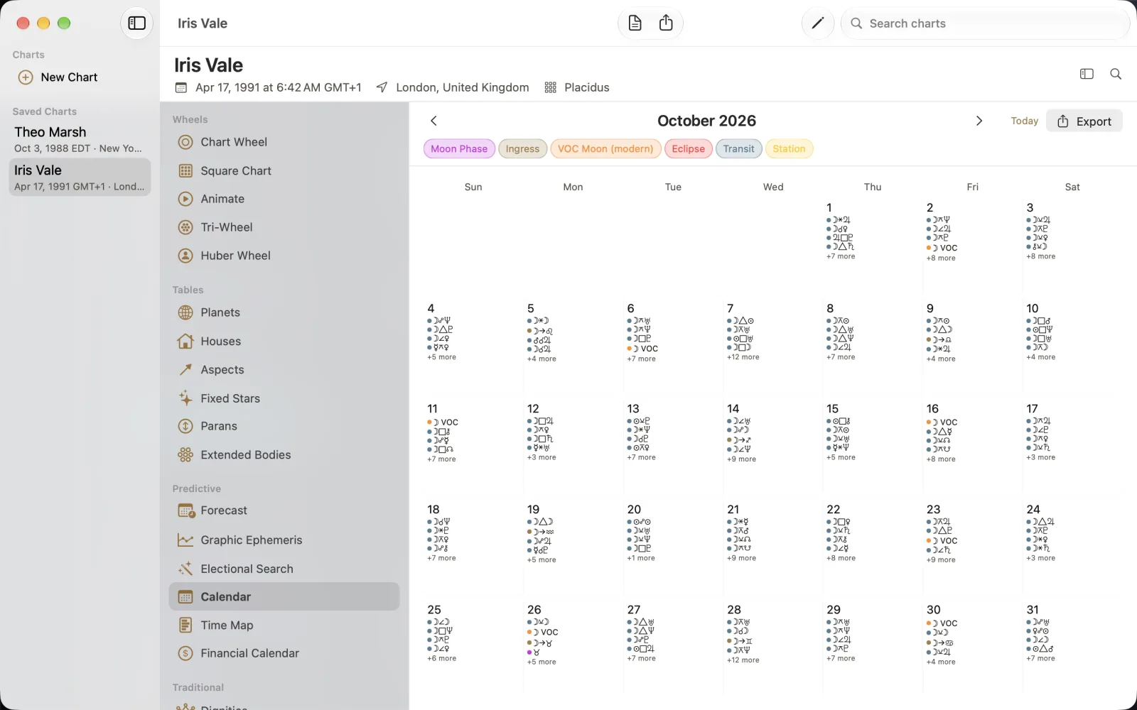 October 2026 calendar with category chips, event shorthand and more-event counts.