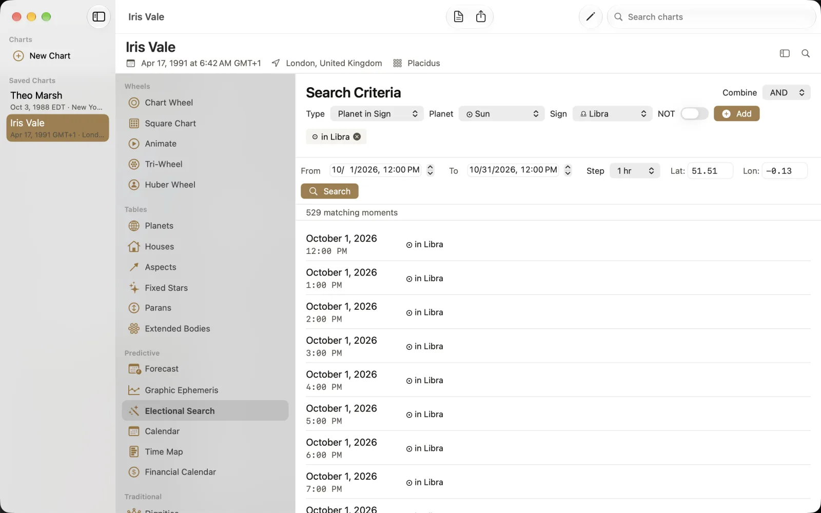Electional Search with Sun in Libra and 529 matching hourly moments in October.