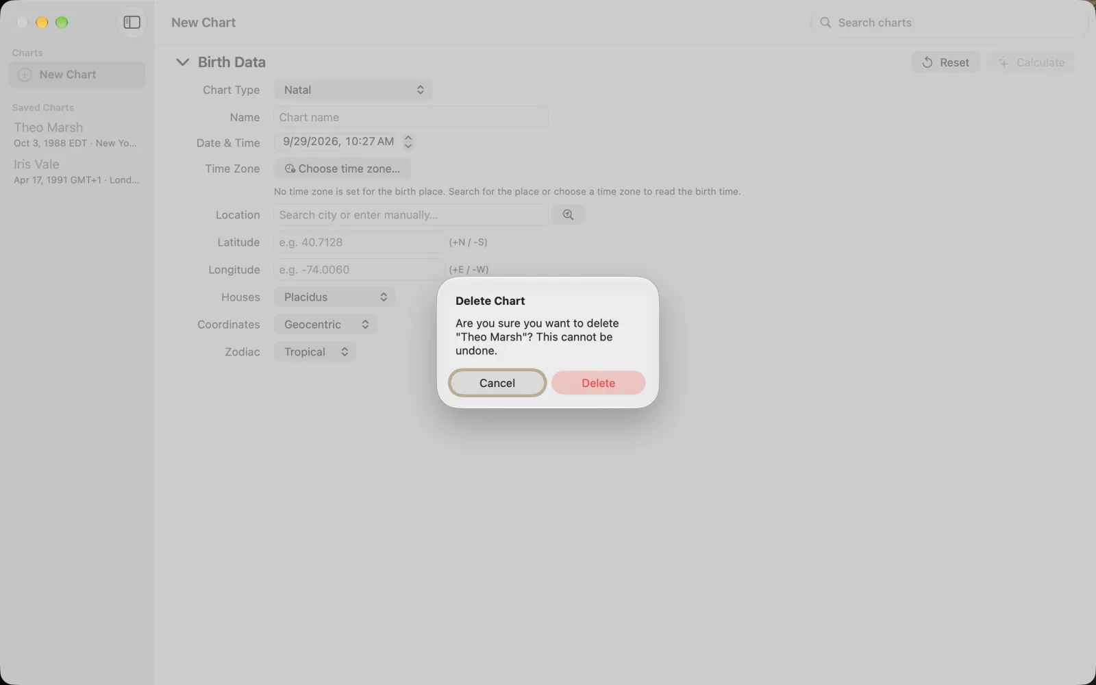Delete Chart confirmation naming Theo Marsh with Cancel and Delete.
