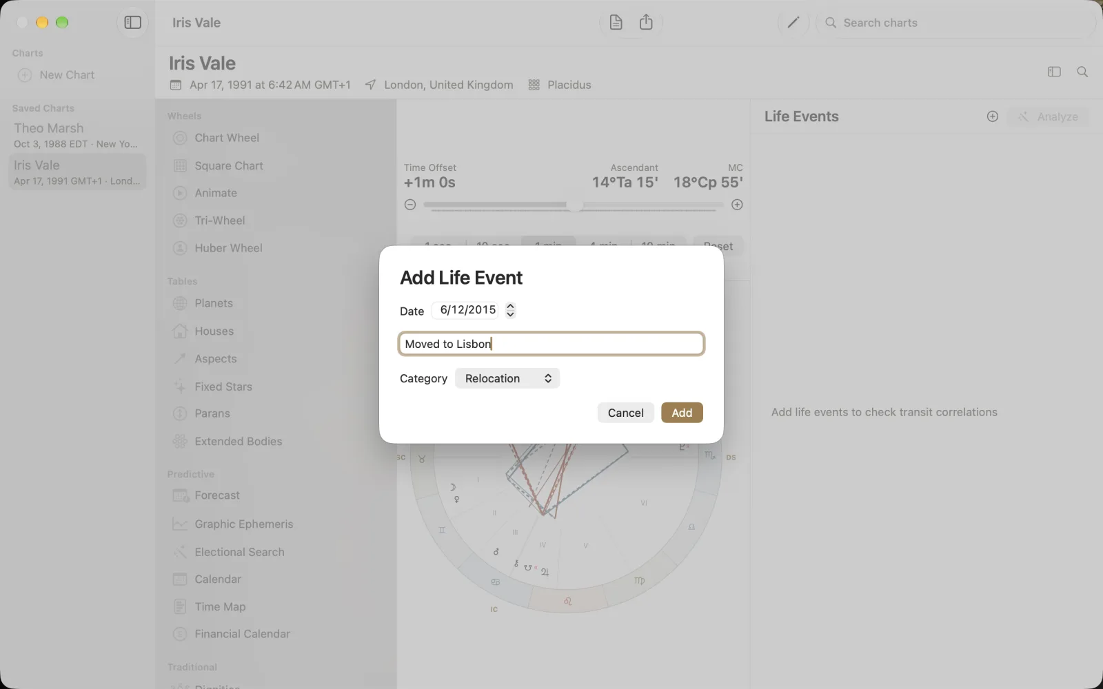 Add Life Event sheet with June 12, 2015, Moved to Lisbon and Relocation.