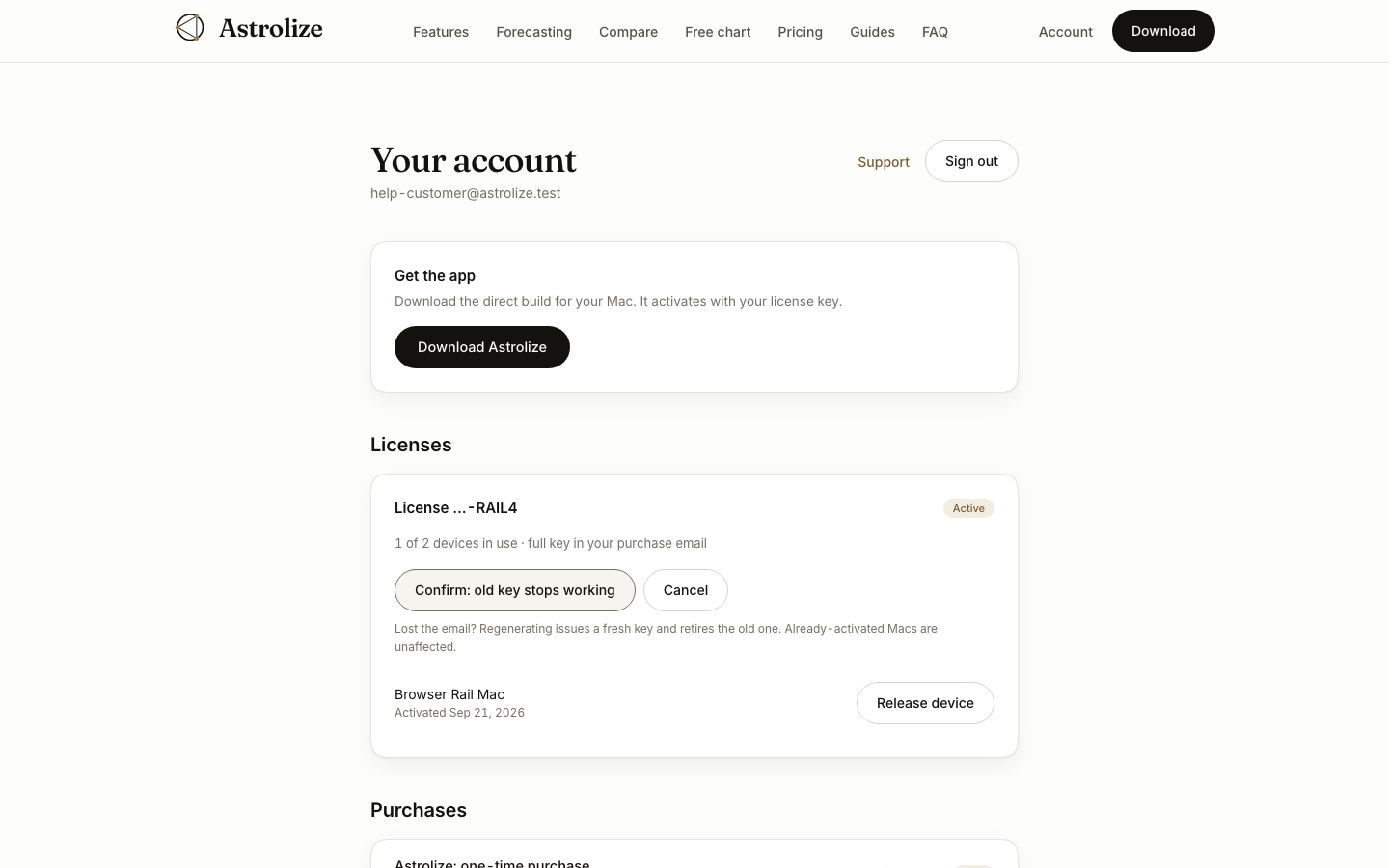 Fictional direct purchase with date, total and status.