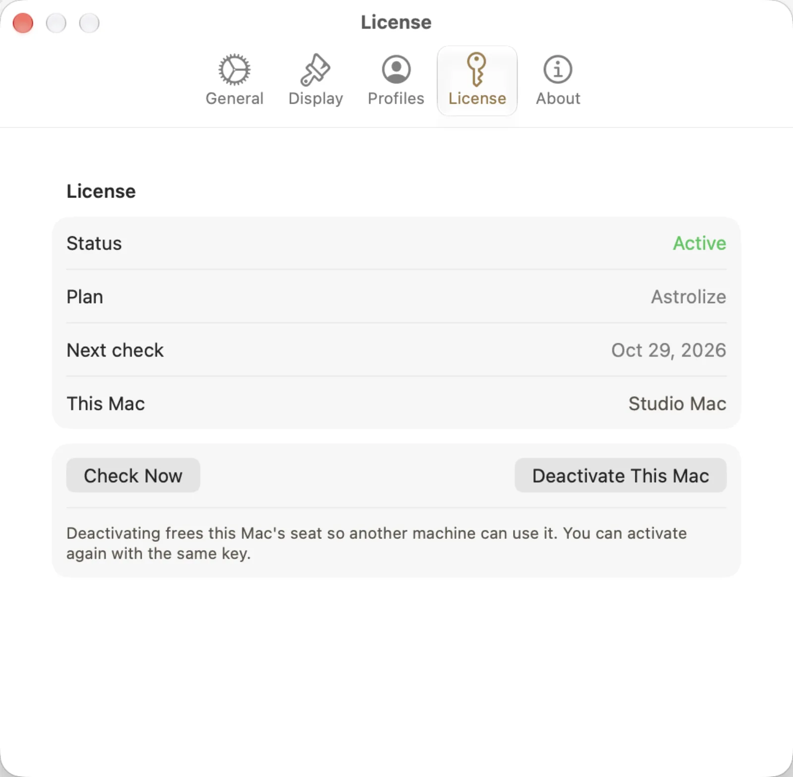 Active direct license with Next check, Check Now and Deactivate This Mac.