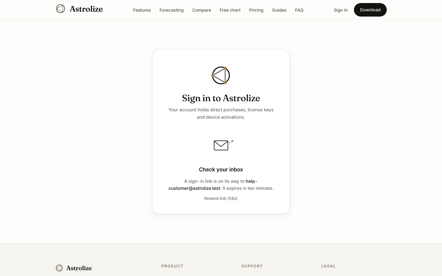 Sign-in confirmation asking the customer to check email.