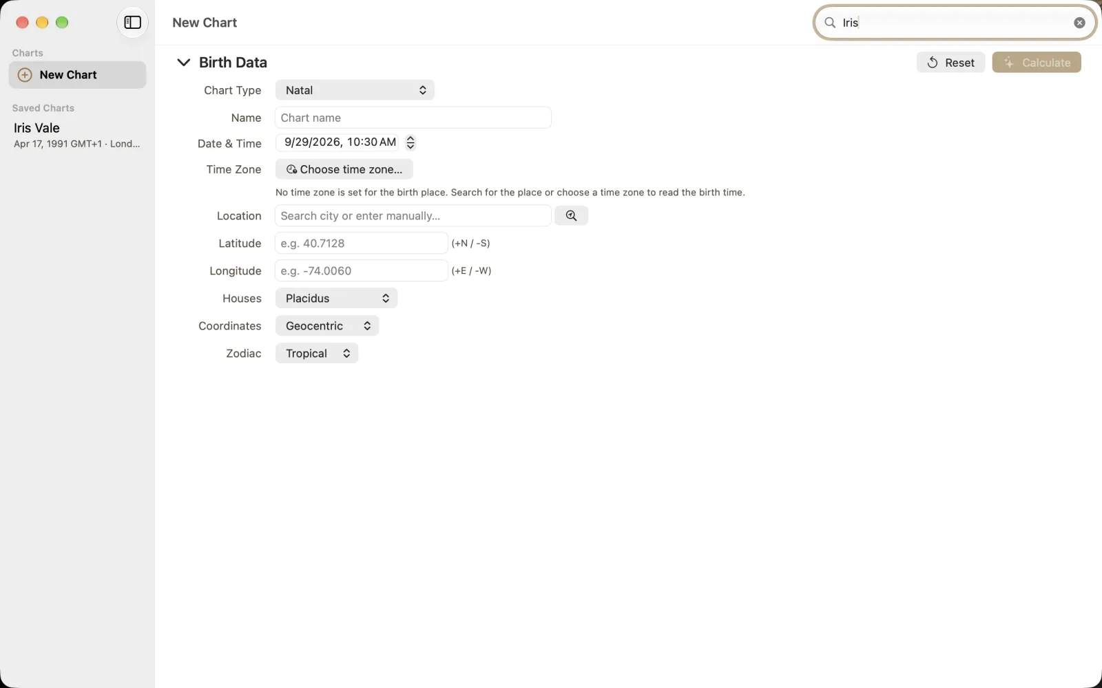 Search charts filtered to Iris with only Iris Vale in Saved Charts.