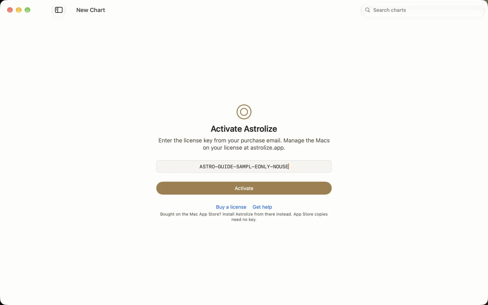 Activation form with the nonworking guide sample key and Activate enabled.