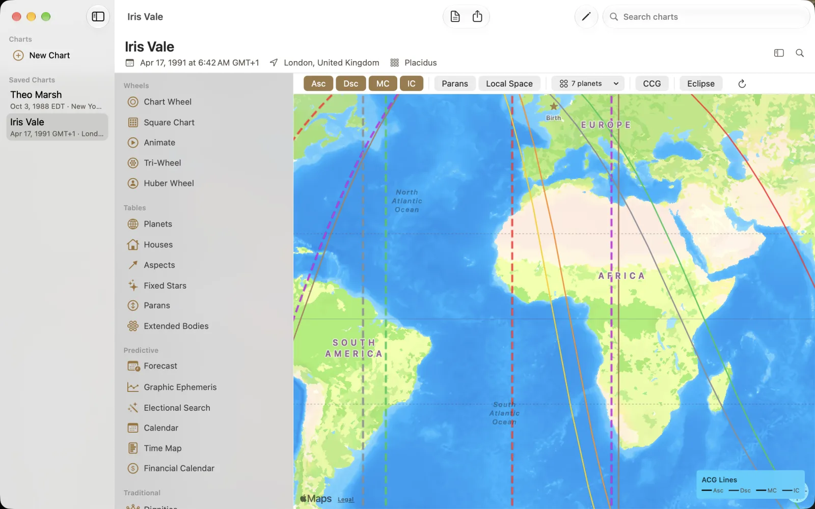 Astro Map with colored angular lines, London Birth marker and ACG Lines legend.