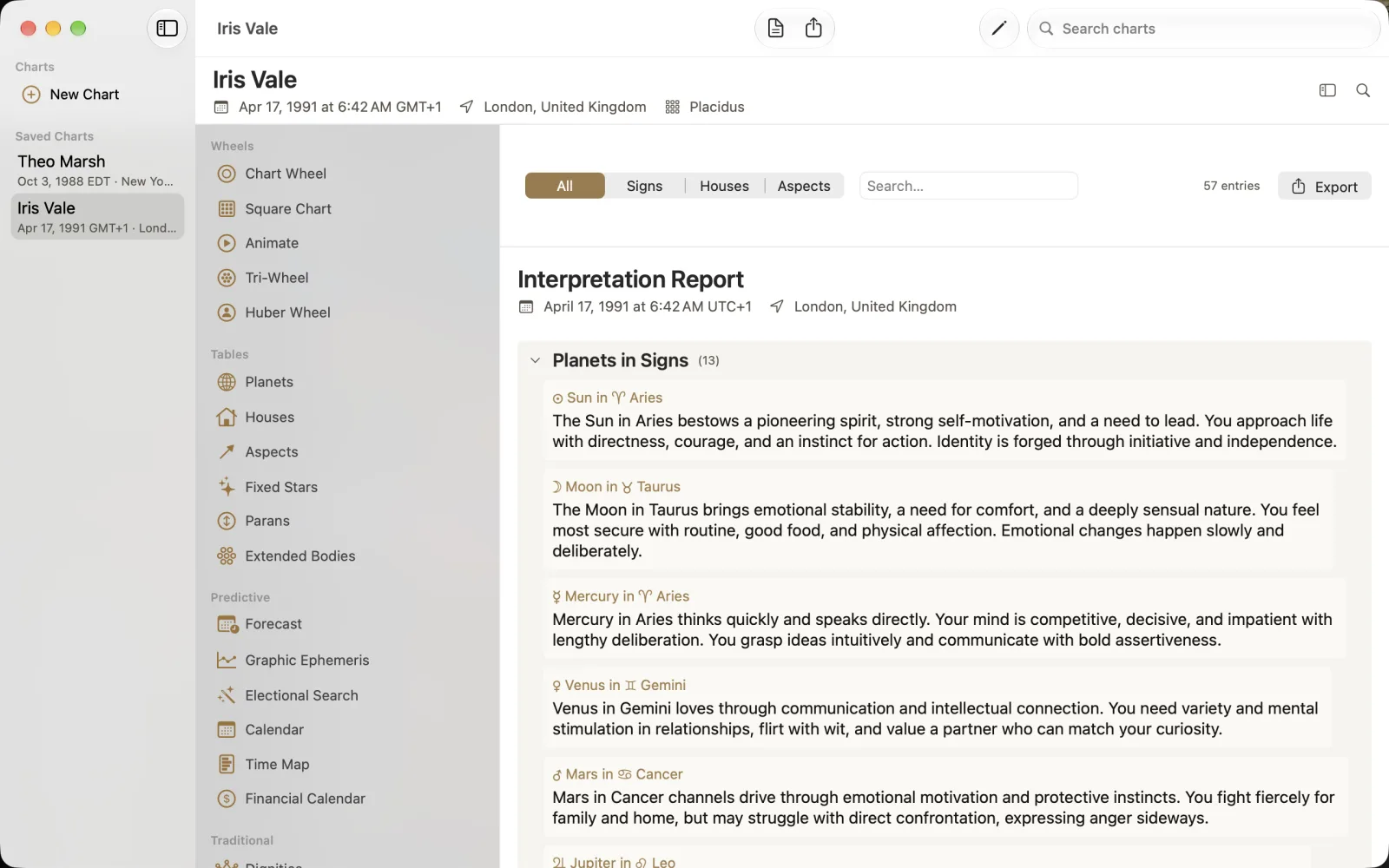 Interpretation Report with 57 entries, category filters, search and Export.