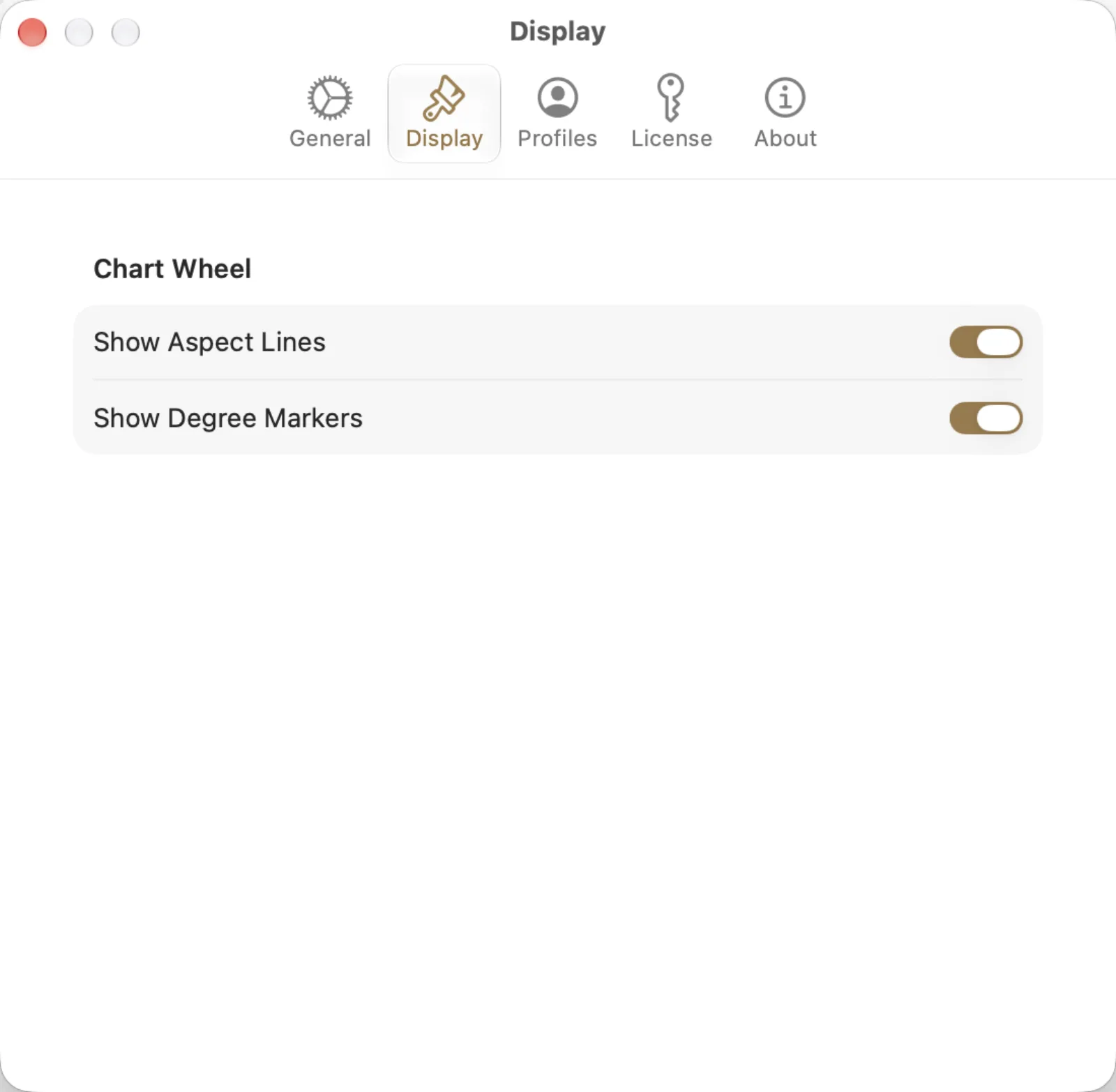 Display settings with Show Aspect Lines and Show Degree Markers enabled.