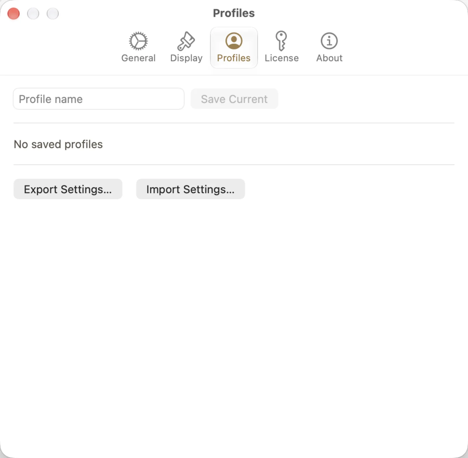 Profiles with an empty name, no saved profiles and settings export and import actions.