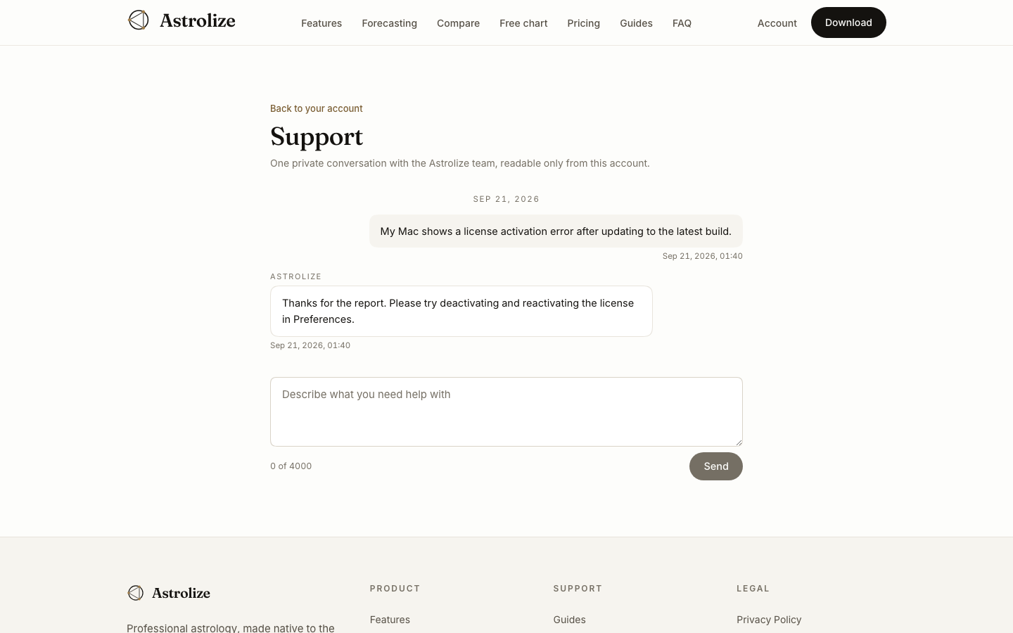 Private conversation with fictional customer and Astrolize messages.