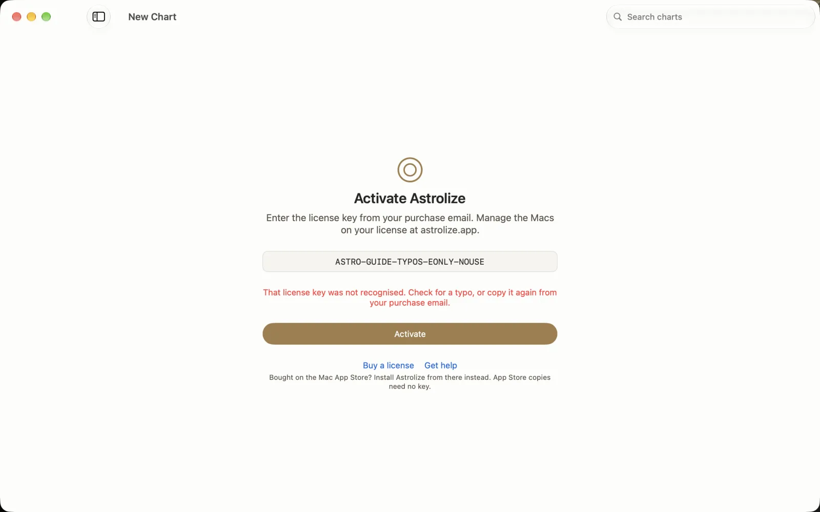 Activation error saying the entered license key was not recognised.